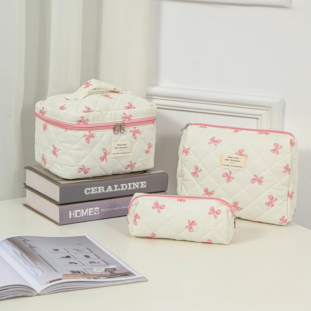uekeboag Large Travel Quilted Makeup Bag for Women, Floral Cotton Cosmetic Bag, Coquette Aesthetic Floral Toiletry Organizer Bag