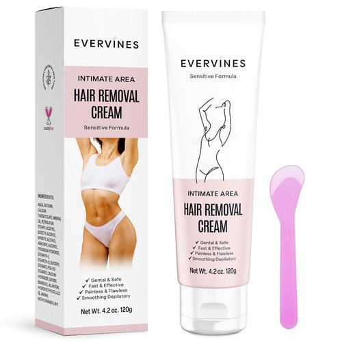 Evervines Hair Removal Cream for Women: Intimate Area Bikini Line Depilatory for Face Legs Underarms - Gentle Formula for Home Travel Use with An Scraper (4.2oz)