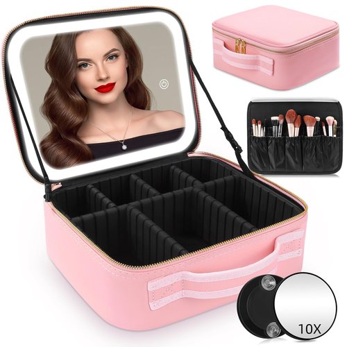 JXAUDEKK Large Capacity Travel Makeup Train Case with LED Mirror,Rechargeable LED Light for Makeup Cosmetic Case with Brushes Storage Organizer,Travel Box Cosmetic Bag for Women (pink)