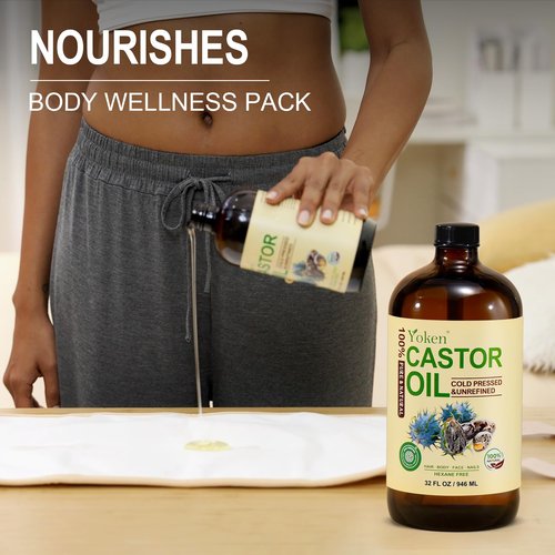 Yoken EWG Verified Organic Castor Oil Glass Bottle 32 fl oz (with Pump) 100% Pure Castor Oil for Skin Face Hair, Cold Press, Hexane Free, Unrefined Caster oil for Castor Oil Pack Deep Nourish Body