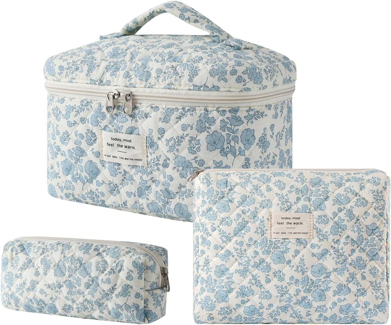 uekeboag Large Travel Quilted Makeup Bag for Women, Floral Cotton Cosmetic Bag, Coquette Aesthetic Floral Toiletry Organizer Bag