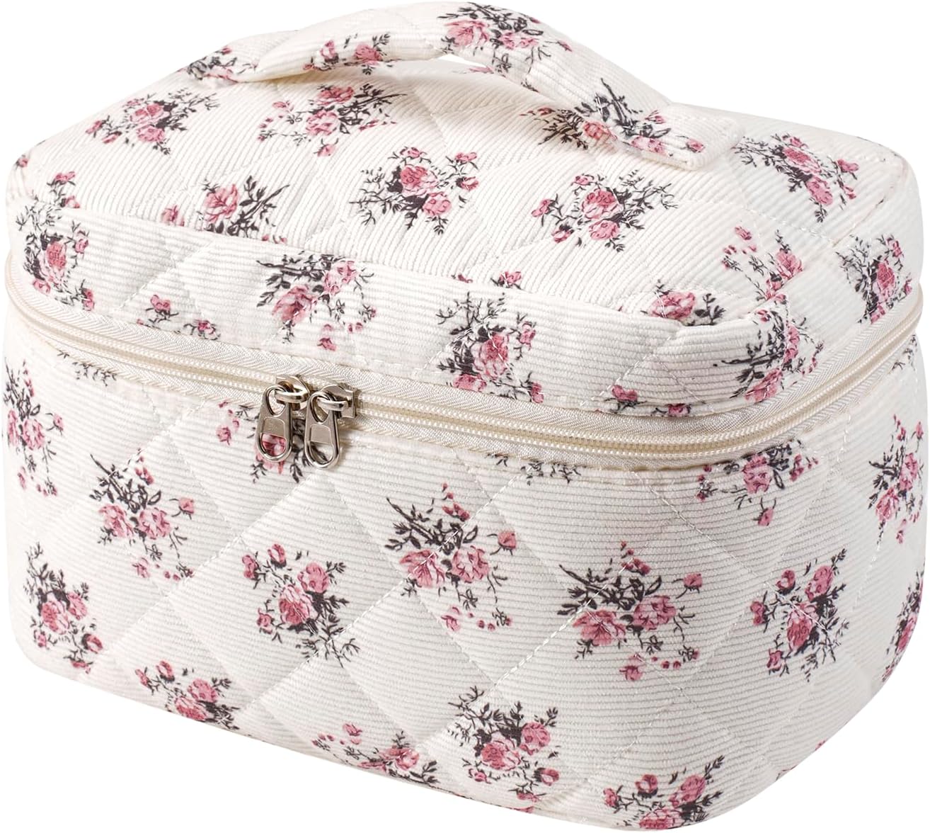 uekeboag Large Travel Quilted Makeup Bag for Women, Floral Cotton Cosmetic Bag, Coquette Aesthetic Floral Toiletry Organizer Bag
