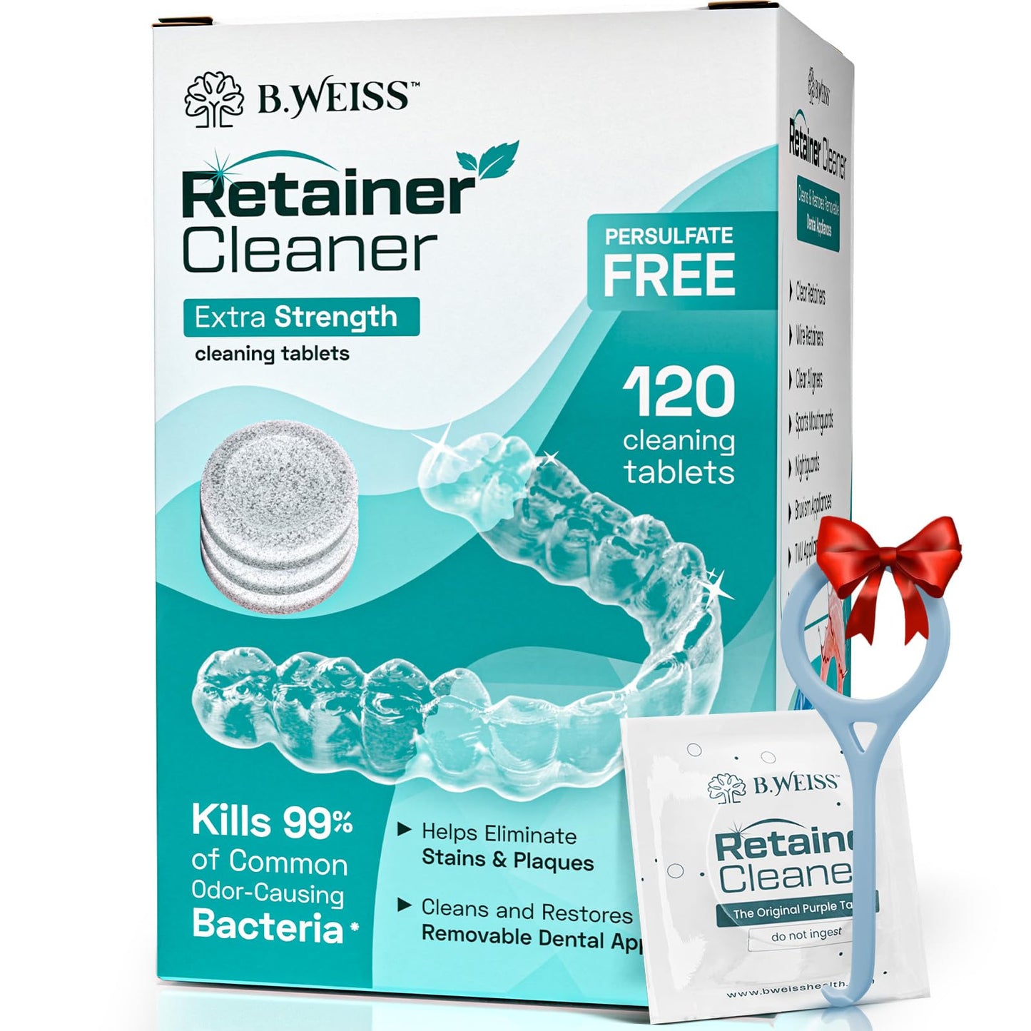 Retainer Cleaner Tablets, Invisalign Cleaner, Remove Stains, Odors & Plaque, Night Guard Cleaner, FSA & HSA Eligible, 4-Month Supply of PERSULFATE-Free Denture Cleaner, 120 Tablets, Mint-Scented