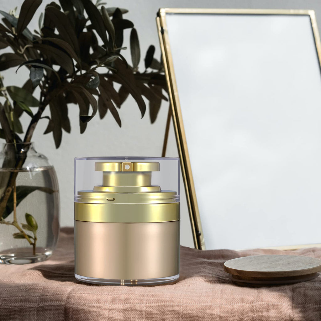 UMETASS 2-Pcs 1 oz Airless Pump Jar, Refillable Cream Jar Vacuum Bottle Travel Size Empty Container for Cream and Lotion (1 oz-Gold)