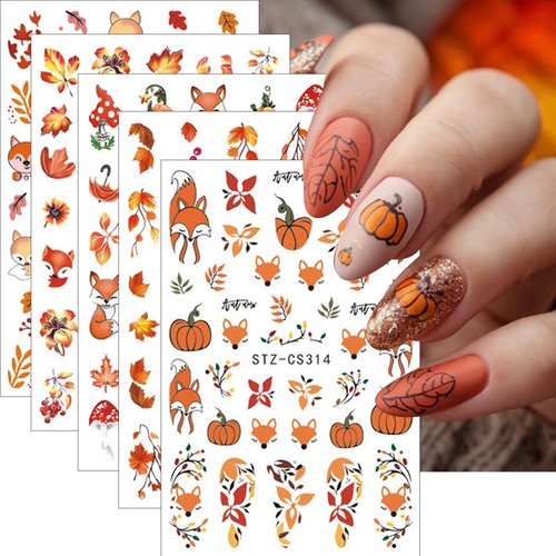5 Sheets Autumn Maple Leaves Nail Art Stickers Squirrel Pumpkin Nail Decals 3D Self-Adhesive Thanksgiving Pumpkin Nail Sticker Cute Fox Mushroom Nail Supplies for Women Girls DIY Manicure Decoration