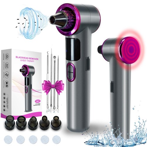 Blackhead Remover Vacuum, Facial Pore Cleaner Electric with Heating Mode, 2in1 Vacuum Pore Cleansing Tool, Electric Whitehead Remover with 9 Suction Level & 5 Heads
