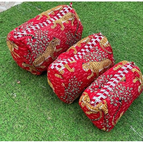 YILLE Set of 3 Pieces Block Printed Travel Organizer Kit Storage Bag for Women Makeup Bag Travel Cosmetic Bag (Red Cheetah)