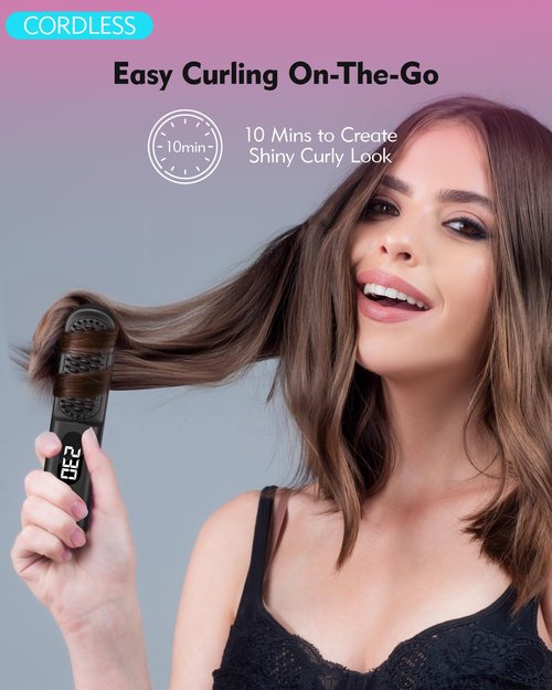 Easywave Cordless Hair Straightener Brush: Portable Straightening Comb for Travel, 9600mAh Batt, 200 Million Negative Ions - Hot Brush Hair Straightener for Women, USB Rechargeable, Anti-Scald