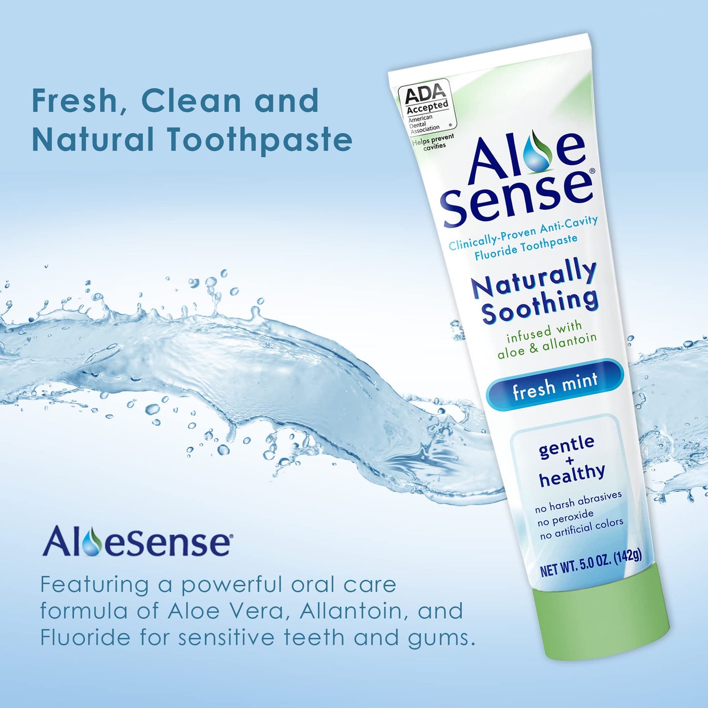 AloeSense Fluoride Toothpaste, Naturally Soothing Toothpaste Sensitive Teeth and Gum Care with Aloe Vera, Allantoin & Fresh Mint Flavor, Gentle & Natural Toothpaste, ADA Approved (5-oz, 6 Count)