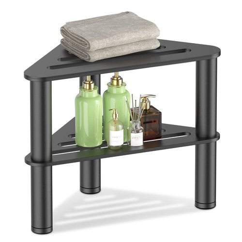 Metal Corner Shower Stool for Shaving Legs, Shower Foot Stool with Storage Shelf, Step Stool & Foot Rest, Waterproof Bathroom Bench Seat, Small Shower Stool for Inside Shower, Feet Adjustable, Black
