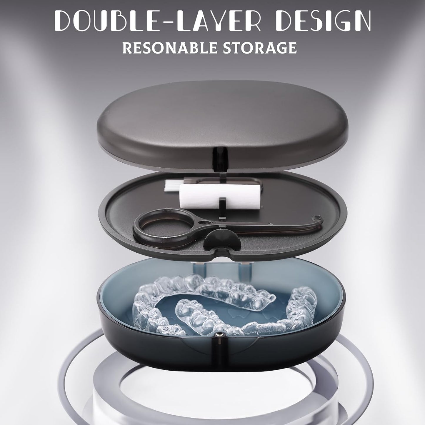 Orthodontic Retainer Storage Case with Cleaning Brush, Mirror & Chewing Tool - Double Layer Design