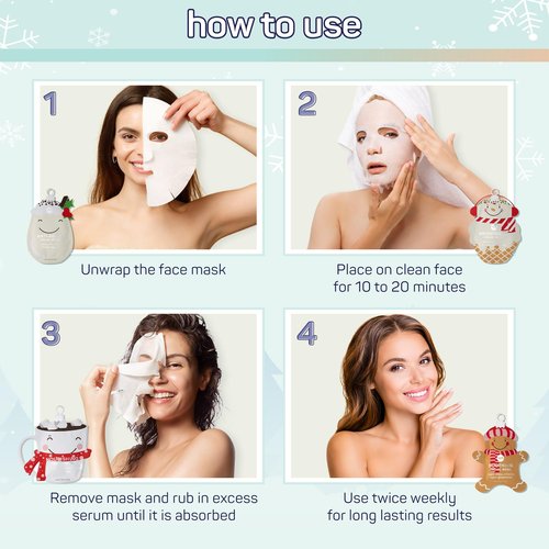 SpaLife Holiday Treats Facial Masks 12-Pack Assorted - Festive Christmas Skincare for Soothing and Nourishing - Gingerbread, Sundae, Cocoa & Eggnog