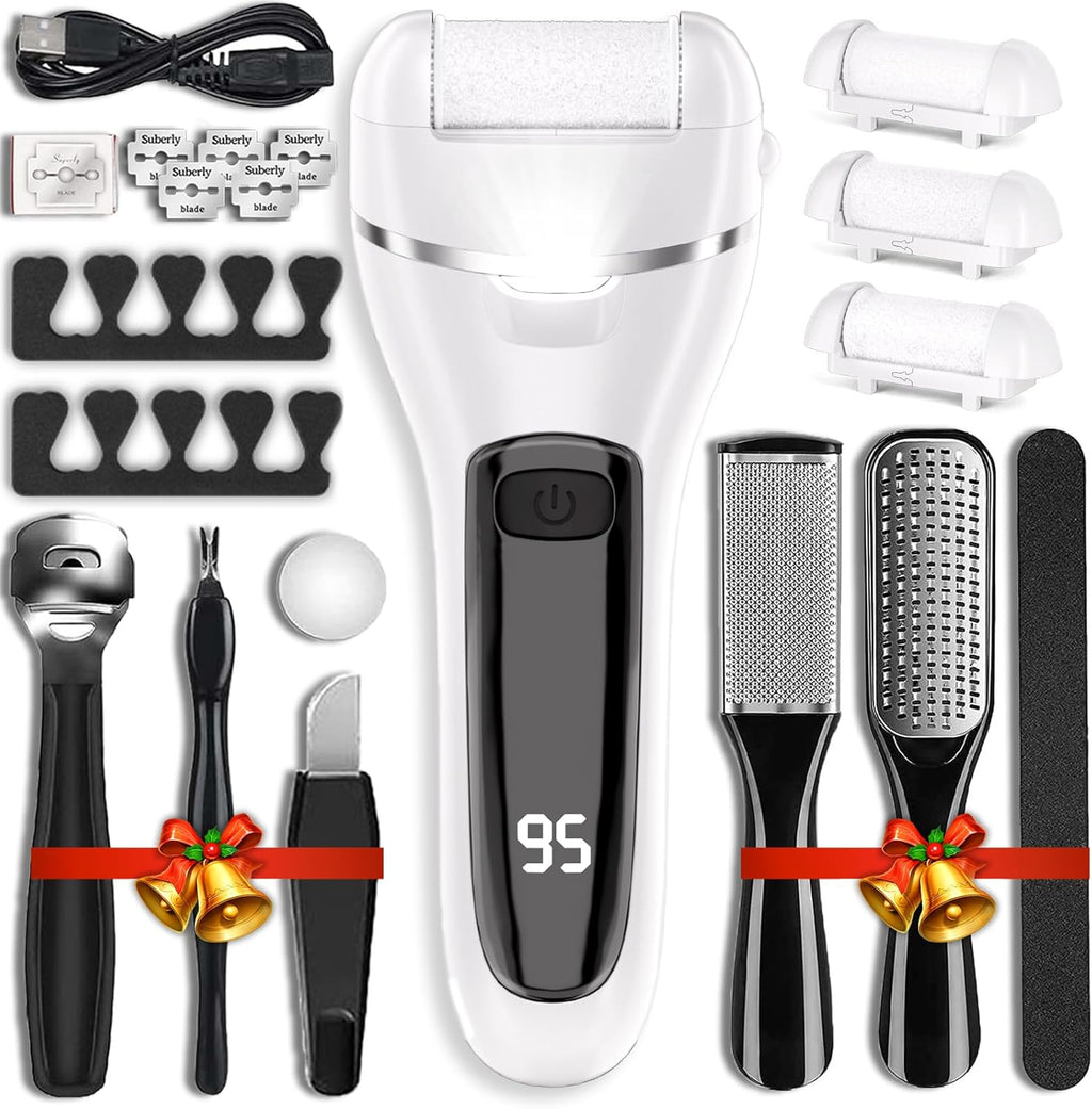Electric Callus Remover for Feet with 3 Roller Heads 2 Speed Rechargeable Waterproof Professional Pedicure Kit 17 in 1 Foot File Tools Perfect for Dead Hard Cracked Dry Skin
