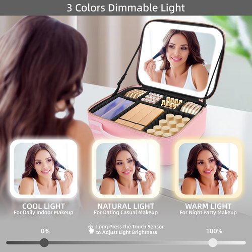 JXAUDEKK Large Capacity Travel Makeup Train Case with LED Mirror,Rechargeable LED Light for Makeup Cosmetic Case with Brushes Storage Organizer,Travel Box Cosmetic Bag for Women (pink)