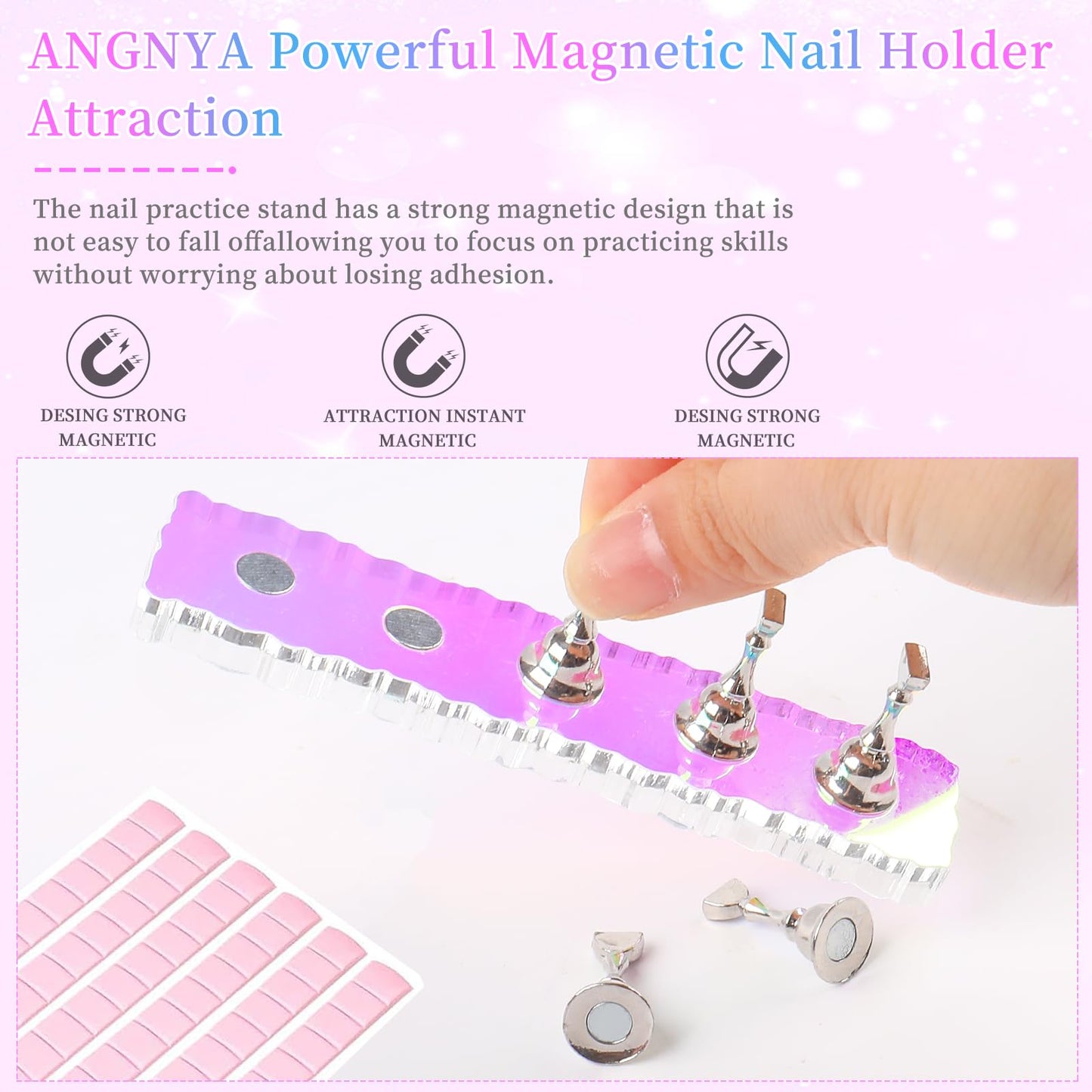 ANGNYA 2 Set Nail Stand ,Aurora Nail Holder for Painting Nail Stand for Press on with 96 Pcs Reusable Sticky Putty Nail Display Stand Nail Hand Practice Magnetic Nail Art Tools for Homes and Salons