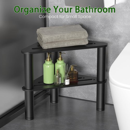 Metal Corner Shower Stool for Shaving Legs, Shower Foot Stool with Storage Shelf, Step Stool & Foot Rest, Waterproof Bathroom Bench Seat, Small Shower Stool for Inside Shower, Feet Adjustable, Black