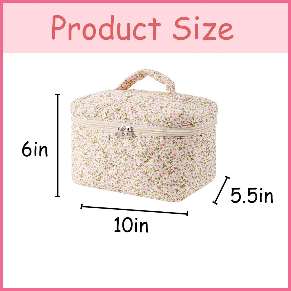 uekeboag Large Travel Quilted Makeup Bag for Women, Floral Cotton Cosmetic Bag, Coquette Aesthetic Floral Toiletry Organizer Bag