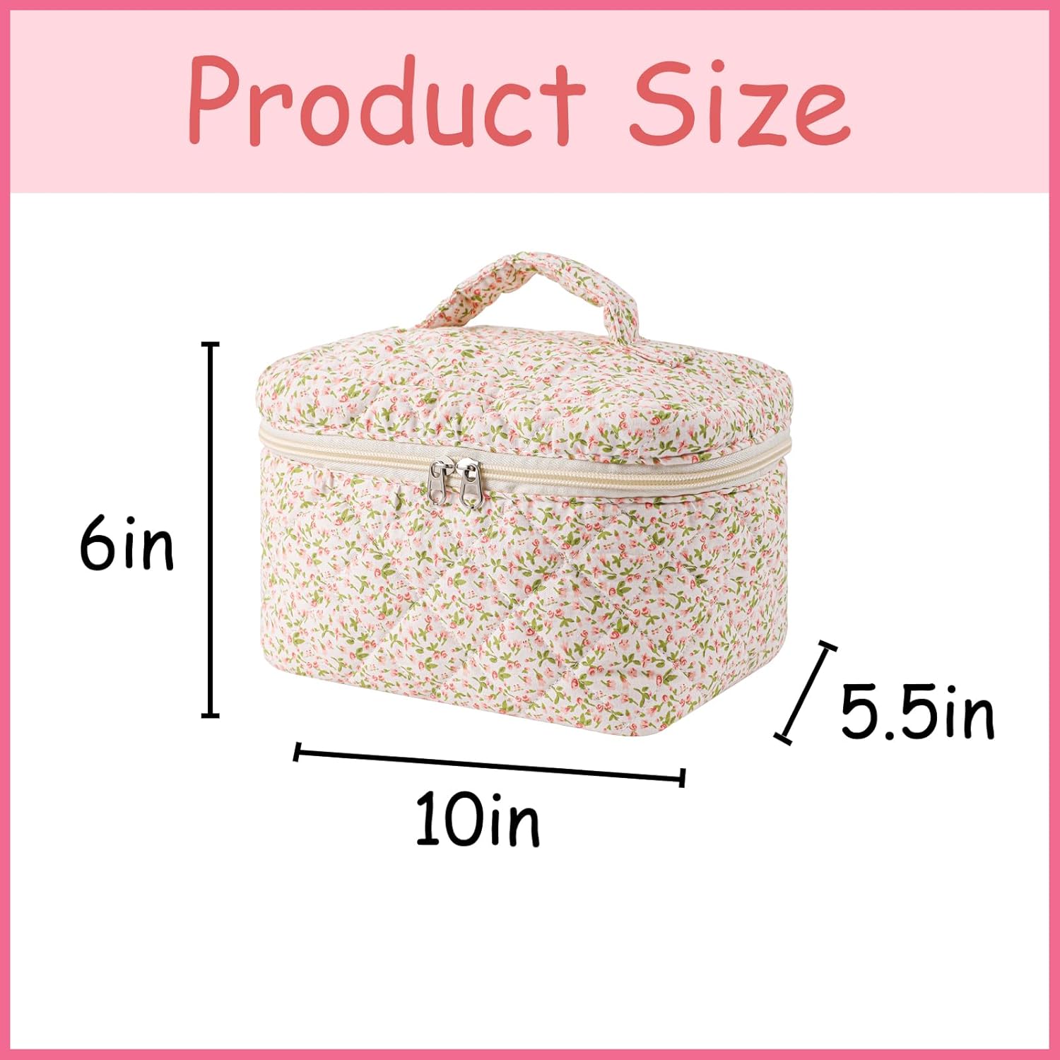 uekeboag Large Travel Quilted Makeup Bag for Women, Floral Cotton Cosmetic Bag, Coquette Aesthetic Floral Toiletry Organizer Bag