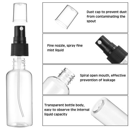 Roshtia 100 Pcs 2 oz Plastic Spray Bottles Mini Spray Bottles with Black Cap Clear Empty Fine Mist Spray Bottles Refillable Liquid Container Sprayer for Essential Oils Perfumes Travel Makeup