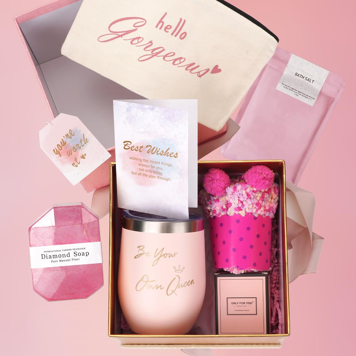Homemory Gifts for Women, Birthday Bath Set Gift Basket Body Self Care, Spa Valentine's Day Ideas Mom Friend Sister Bestie Her Wife Female Coworkers Daughter 30th 50th 60th with Greeting Card (Pink)