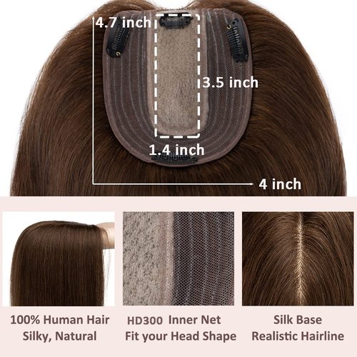 Hairro Hair Topper Human Hair, Clips in 100% Real Hairpieces with 4"x 4.7" Silk Base for Women, for Thin Hair/High Hairline/Covering Greyish Hair on Top, 6 Inch Medium Brown