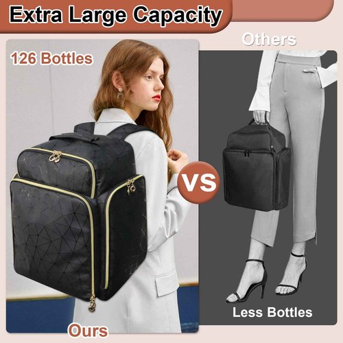 ahzske Nail Polish Organizer Backpack Holds 126 Bottles& Nail Lamp, Extra Large Nail Kit Supplies Organizer Bag with 3 Removable Cases, Portable Nail Organizers and Storage for Trave (Elegant Black)