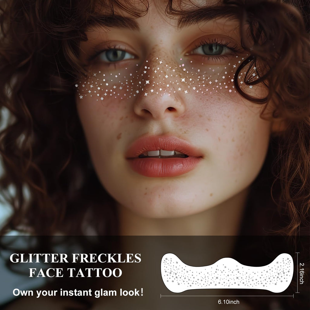 Tvqbxp Glitter Freckles Face Tattoo, Gold Glitter Makeup Patches, Women Face Glitter Speckles Patches, Cute Glitter Makeup Accessories (Silver, 5 Pcs)