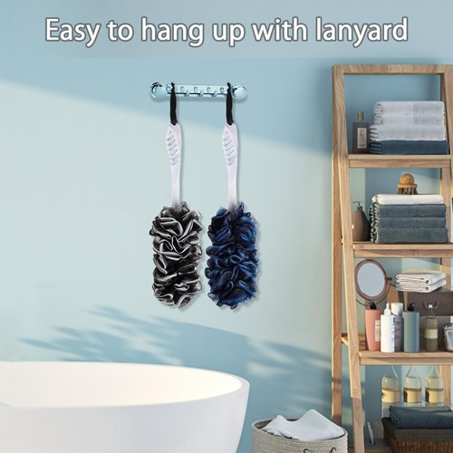 2Pack Loofah Sponge, Qewro Dual-Sided Loofah on a Stick Exfoliating Body with Long Handle, Body Scrubber for Back use in Shower with Loufas or Lufa for Men Women (2Pack Black and Navyblue)