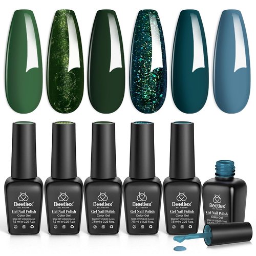Beetles 6-Pack Fall Gel Nail Polish Set - Brown, Green, Yellow, Burgundy & Glitter - Soak Off UV/LED Manicure Gift for Women