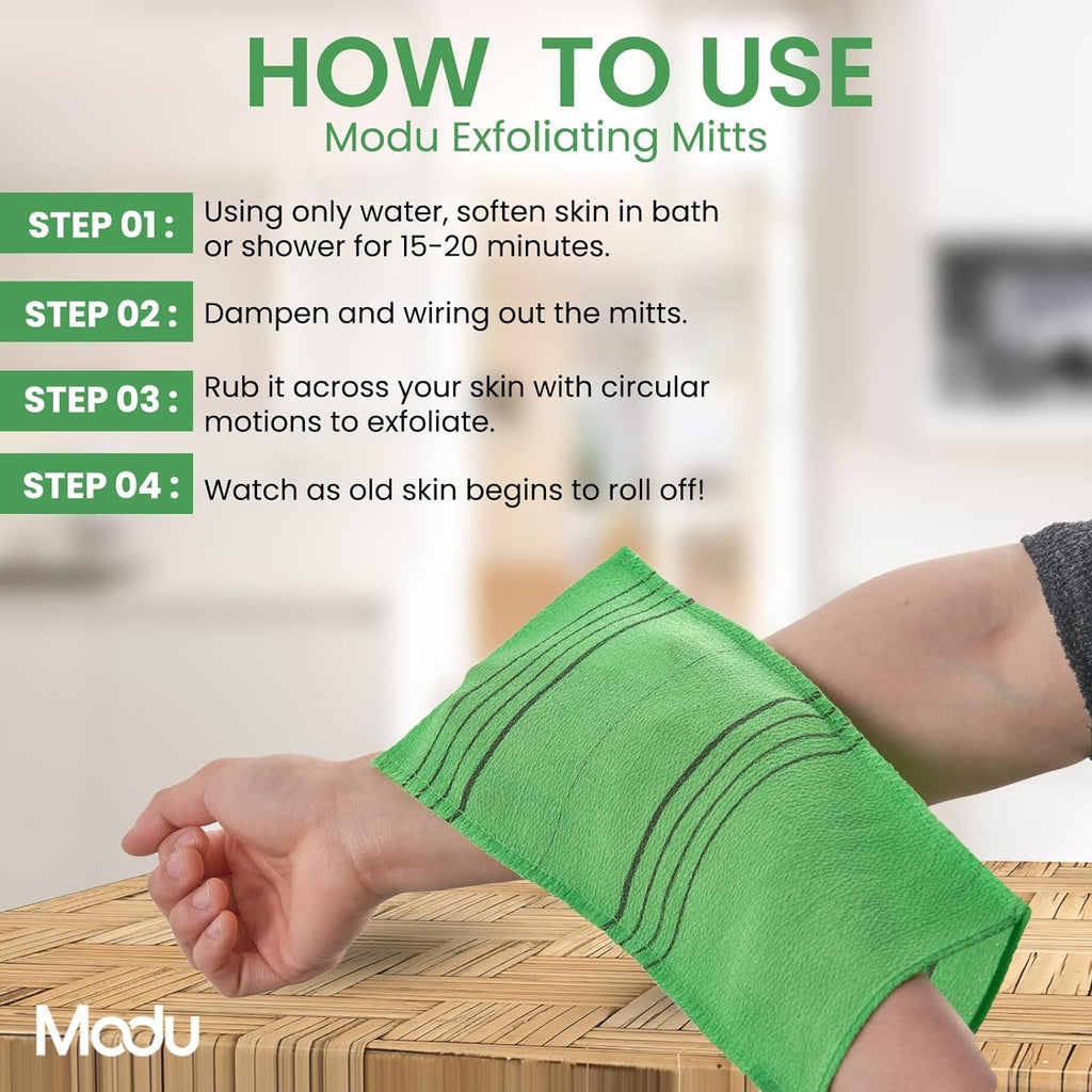Modu 4 Pcs Korean Exfoliating Mitt Bath Washcloth 9.1 x 6 in - Asian Italy Towel (Large 4Pcs Green SkyBlue Pink Yellow)