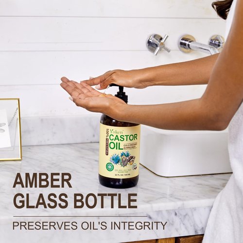 Yoken EWG Verified Organic Castor Oil Glass Bottle 32 fl oz (with Pump) 100% Pure Castor Oil for Skin Face Hair, Cold Press, Hexane Free, Unrefined Caster oil for Castor Oil Pack Deep Nourish Body
