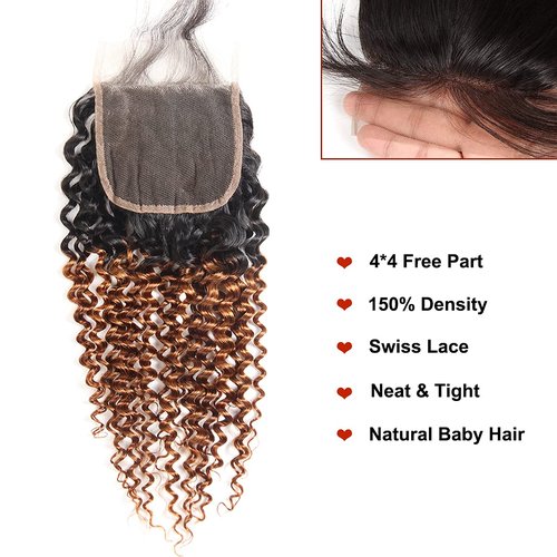 Afro Kinky Curly Human Hair Pre-Plucked Hairline With Baby Hair 2 Tone 1b/30 closure, Ombre 1B/30 Brazilian Kinky Curly Hair Closure with Bundles, 4X4 Inch Free Part Swiss Lace Closure 16 Inch
