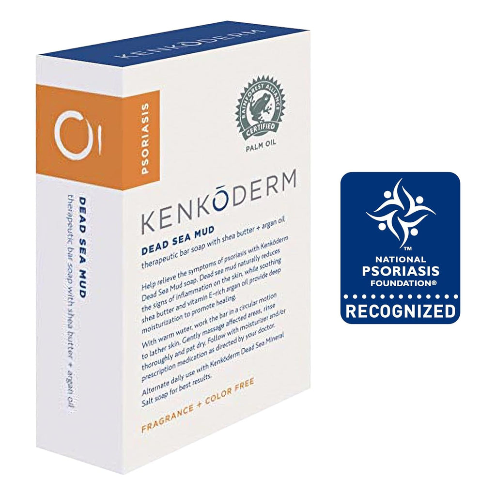 Kenkoderm Psoriasis Dead Sea Mud Soap with Argan Oil & Shea Butter, Natural Exfoliating Body & Face Cleanser for Sensitive Skin, Fragrance & Color-Free, 4.25 Ounce, 1 Bar