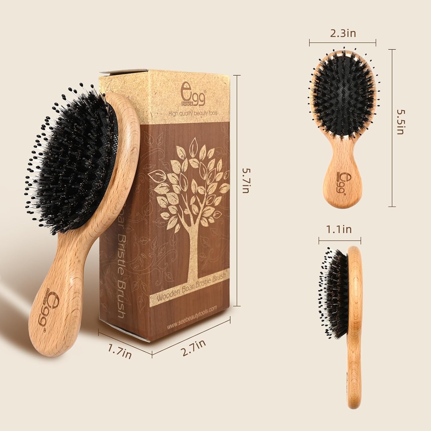 BLACK EGG Boar Bristle Hair Brush for Women Men Kid, Soft Natural Bristles Brush for Thin and Fine Hair, Restore Shine and Texture, Set includes Bamboo comb and 3 hair ties