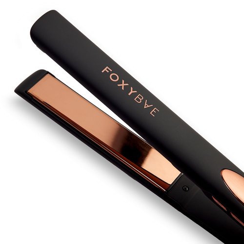 FoxyBae Trés Sleek Titanium Flat Iron Hair Straightener - Frizz-Free, Shinier & Smoother Hair - Dual Voltage Hair Styling Tools - w/LCD Display, Temperature Control, Auto Shut-Off 1" [Black Rose-Gold]