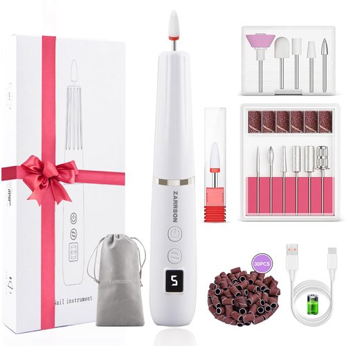 Professional Electric Nail Filer Drill Kit：Rechargeable Electric Nail Drill Set，Cordless Nail File Electric Sander for Acrylic Nail Files and Buffers with Nail Drill Bits Sanding Bands (White)