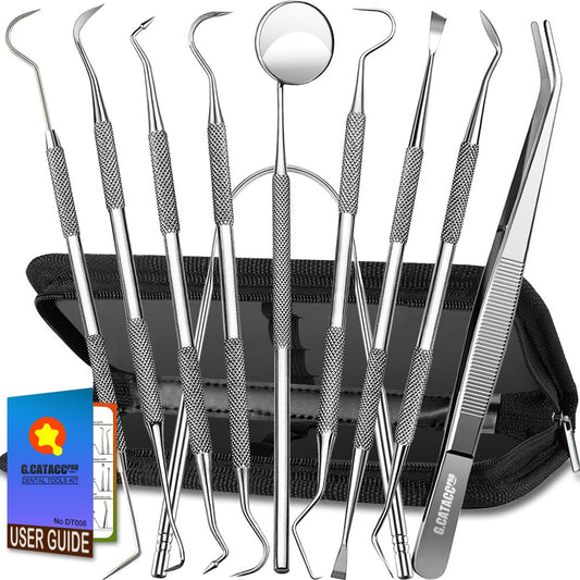 G.CATACC Dental Tools, 10 Pack Professional Plaque Remover for Teeth Cleaning Tools Set, Stainless Steel Dental Hygiene Kit with Dental Picks, Tartar Scraper, Tooth Scraper, Tongue Scraper- with Case