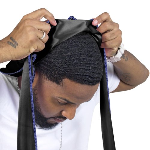 ForceWave Silky Durag for Men Wave Cap Satin Dorag for Men Women 360 Wave (Black with Blue Seam)