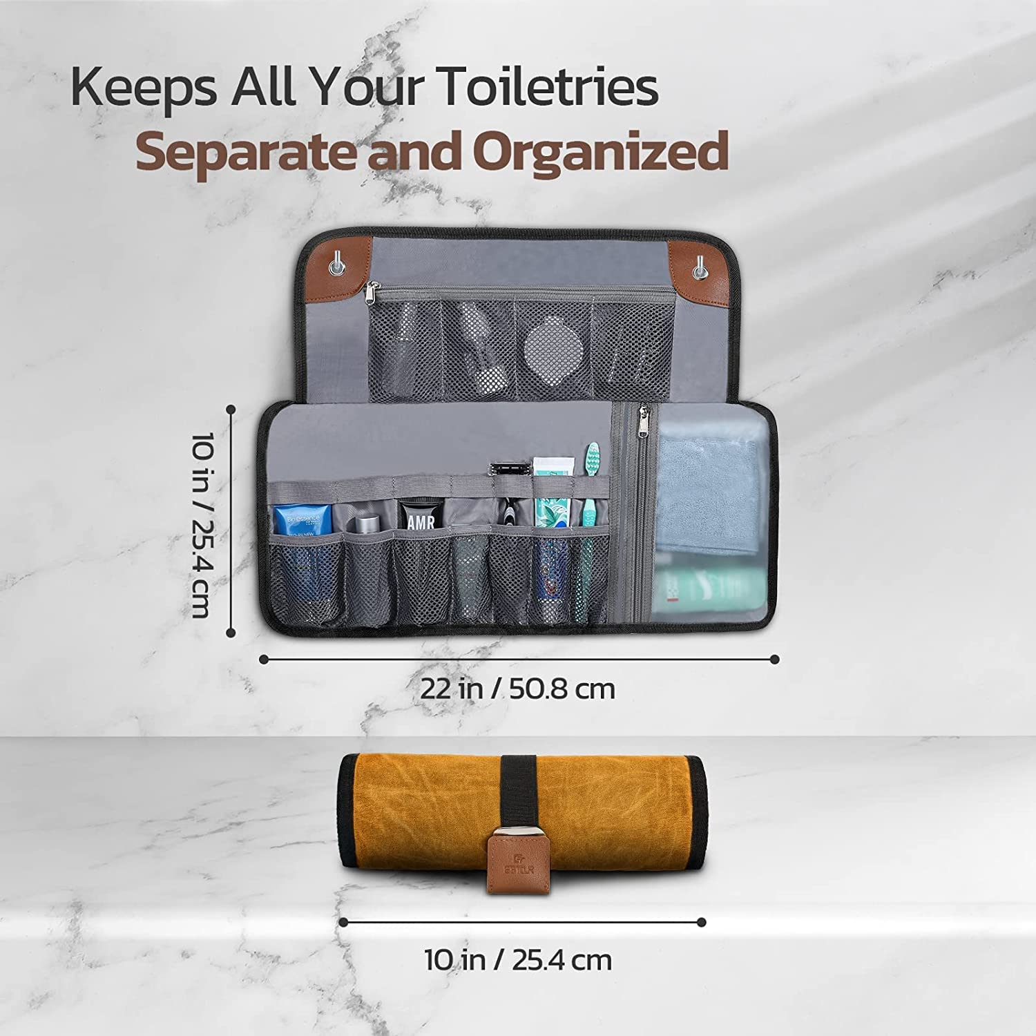Toiletry Bag for Men, Travel Essentials Travel Toiletry Bag, Water-Resistant Compact Bathroom Roll Organizer for Hygiene, Shaving kit, Valentines Day Gifts for Him (2.Khaki Yellow (Waxed Canvas))