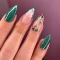 Christmas Press on Nails Medium Almond False Nails Green Fake Nails with Xmas Holly Leaves Design Glitter Glue on Nails Snowflake Acrylic Nails French Tip Stick on Nails for Women 24Pcs