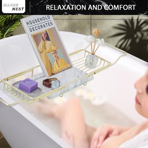MARBBNEST Bathtub Tray Caddy for Luxury Bath Expandable Extra Wide Bath Tub Tray with Natural Marble Tray and Mobile/Tablet Stand, Ideal for Home Spa Lovers(Gold + Jazz White)
