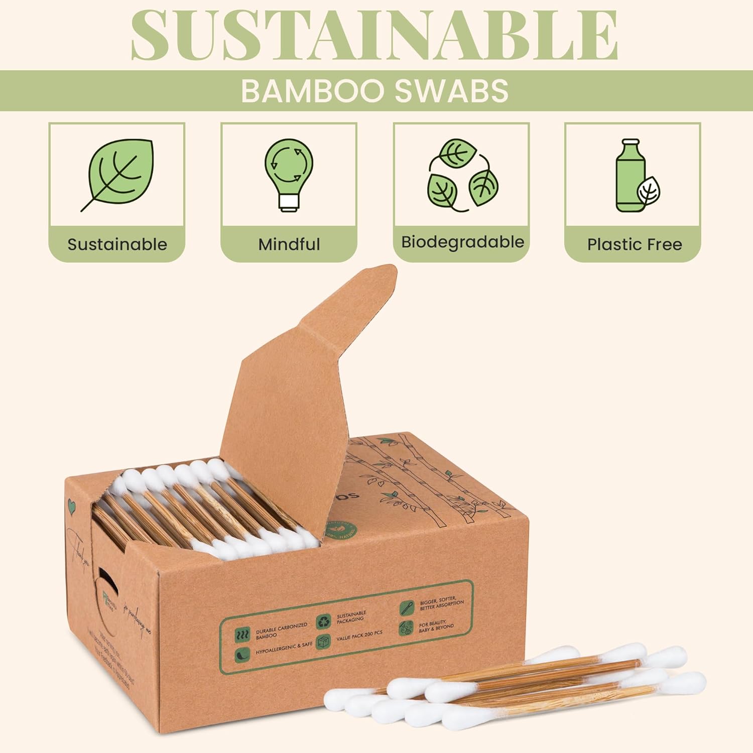 Natural Bamboo Cotton Swabs for Ears – 500 Pack – Qtips with Carbonized Bamboo for Durability – Eco-Friendly, Biodegradable & Vegan – 100% Cotton Ear Swabs Organic for Makeup (Drawer Box)