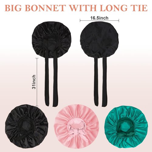 3Pcs Bonnet Silk Bonnet for Sleeping, Extra Large Satin Bonnet for Sleeping Hair Bonnets for Sleeping Black Curly Hair Women Jumbo Bonnet with Tie Band Braids Shower Cap