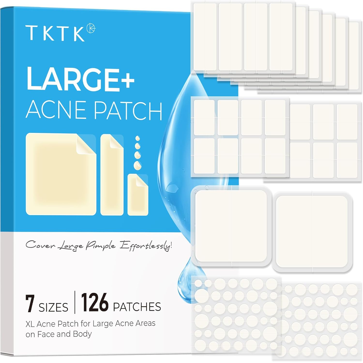 TKTK Large Pimple Patches for Face, 7 Sizes XL Acne Patches, Big Hydrocolloid Bandages for Body, Chin, Forehead, Chest, Back Zit Breakouts, Hydrocolloid Patch (Strip, Square, Dot 302 Count)