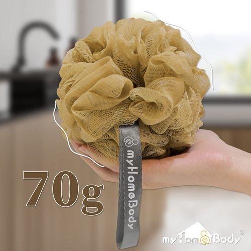 myHomeBody Large 70g Loofah Sponge, Body Scrubber, Bath Sponge, Loofah for Women, Men, Exfoliating Sponge Shower Pouf with Activated Charcoal - 2 Oat Milk + 1 Caramel, 3 Pack