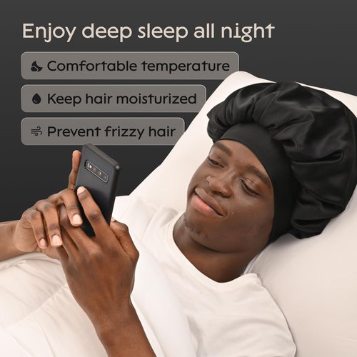 Niagara Satin Bonnet for Men - Reversible Night Cap - Bonnet for Sleeping Men - Mens Bonnet for Curly Hair - Large Bonnet with Double Layer (Black)