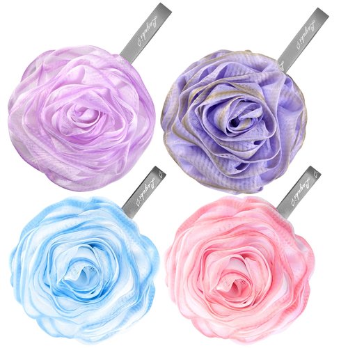 LAYUKI Bath Shower Sponge, Bath Loofah Sponge, Body Wash Sponge, Rose-Shaped Loofah Sponge, Exfoliating Bath Sponge, Body Scrubber (Set of 4 Pieces)