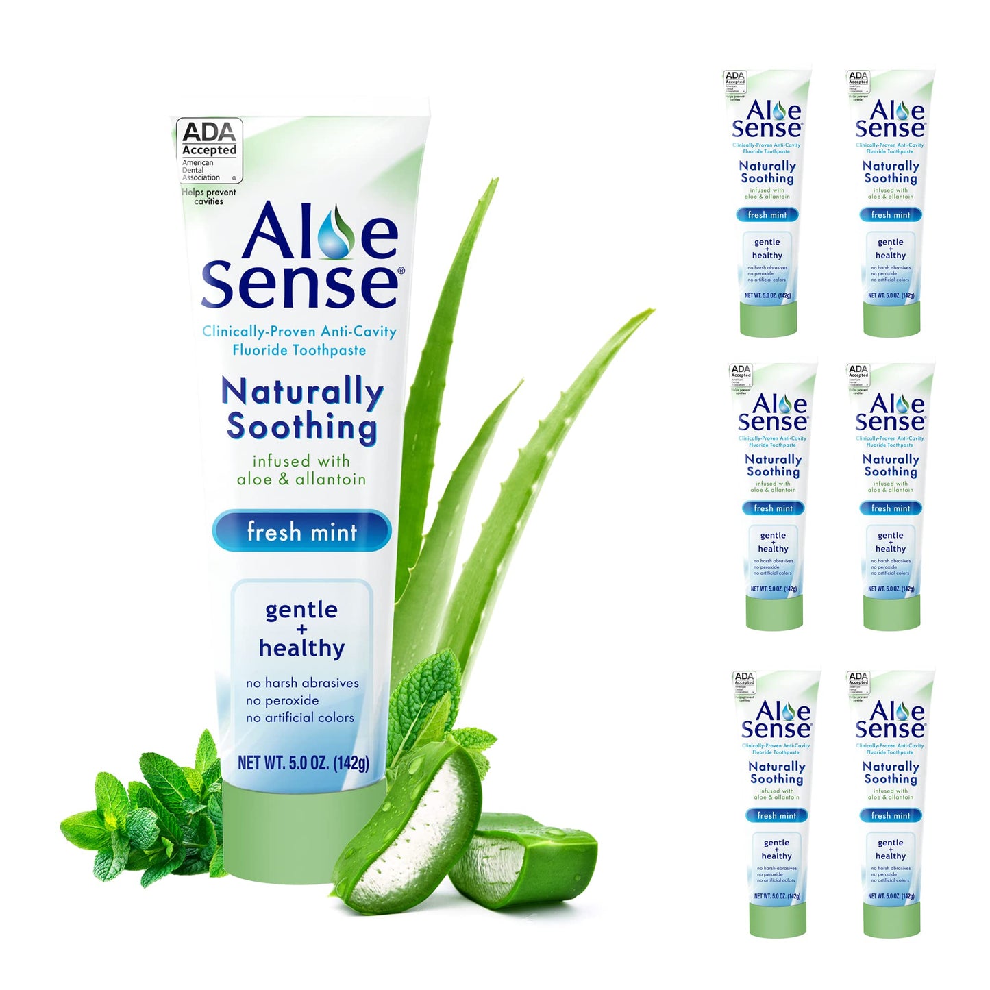AloeSense Fluoride Toothpaste, Naturally Soothing Toothpaste Sensitive Teeth and Gum Care with Aloe Vera, Allantoin & Fresh Mint Flavor, Gentle & Natural Toothpaste, ADA Approved (5-oz, 6 Count)