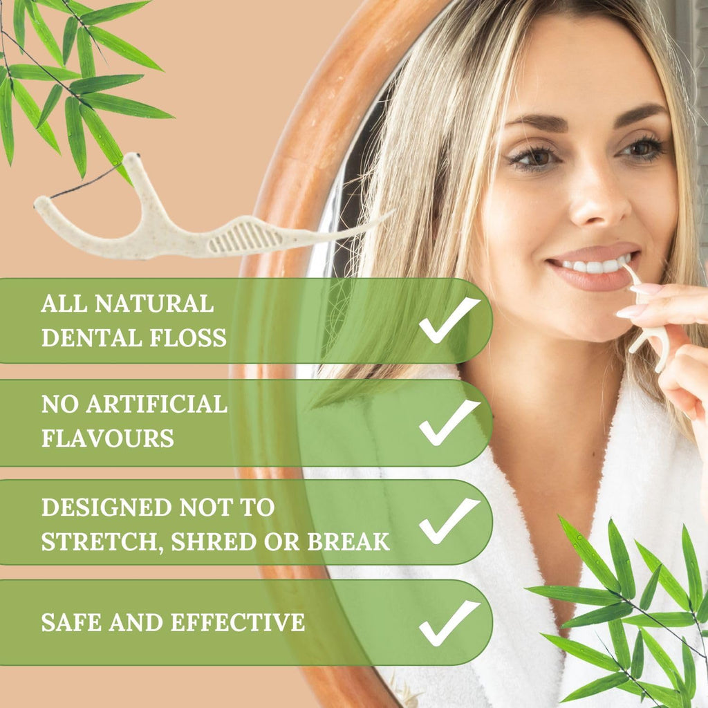 Natural Dental Floss Picks 75 Pack – Organic Biodegradable Floss Sticks with Strong Bamboo Charcoal Thread & Vegan Cornstarch Handle – No Plastics, No Artificial Flavours - Kraft Paper Box