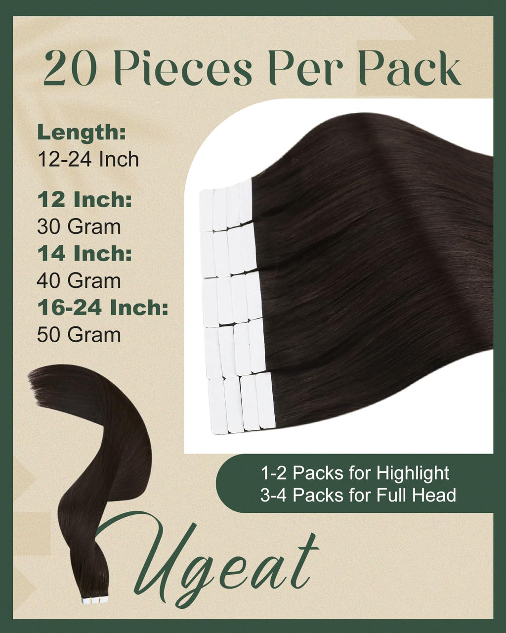 Ugeat Human Hair Tape in Extensions Brown Hair Extensions Real Human Hair Dark Brown Tape in Straight Remy Hair Extensions Invisible Double Sided Tape in Hair Extensions for Women 18Inch 20pcs 50G